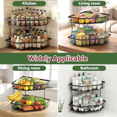 2 Tier Fruit Basket for Kitchen Counter - Detachable Metal Fruit Bowl with 2 Banana Hangers for Corner , Large Capacity Fruit Stand with Wooden Handle for Bread Fruit and Vegetable Storage- Black — view 5