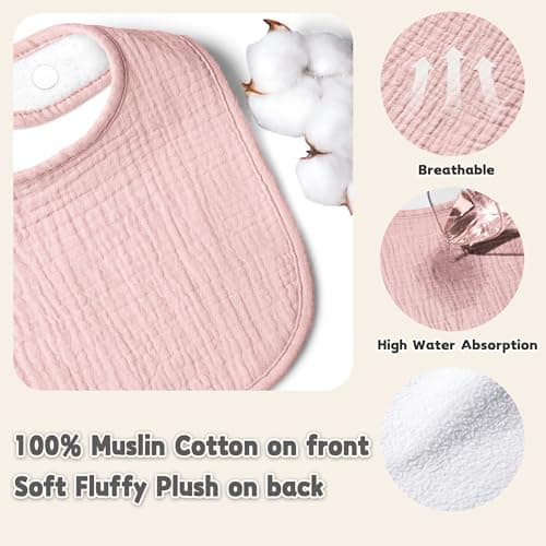 Susurration Muslin Baby Drool Bibs 10Pack Soft Square Adjustable Bandana Bibs for Unisex Baby Girls & Boys (Pink) — view 3