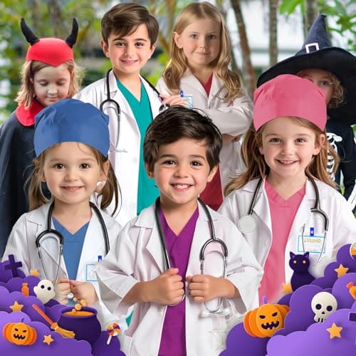 Doctor Scrubs Costume for Kids With Set Lab Coat Halloween Dress Up For Boys Girls 3-12 (Light Pink, S-110/3-4T) — view 5