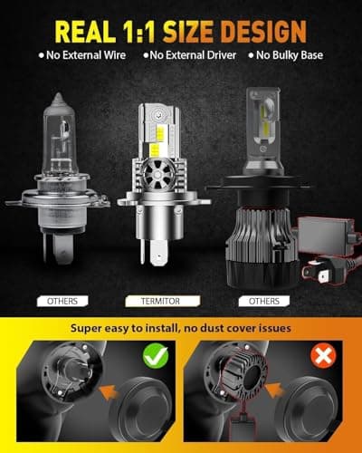 Termitor Upgraded H4/9003/HB2 Bulbs, 50,000LM 10X Super Bright, 1:1 Mini Size 6500K Cool White IP68 Waterproof Automotive Replacement H4 9003 Fog Lights, Quick Installation, Pack of 2 — view 2