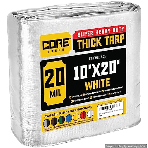 Core Tarps Extreme Heavy Duty 20 Mil Tarp Cover, Waterproof, UV Resistant, Rip and Tear Proof, Poly Tarpaulin with Reinforced Edges for Roof, Patio, Pool, Boat (White 10′ X 20′)