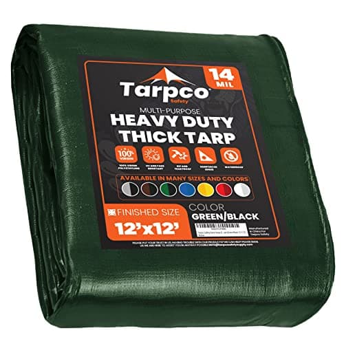 Tarpco Safety Extra Heavy Duty 14 Mil Tarp Cover, Waterproof, UV Resistant, Rip and Tear Proof, Poly Tarpaulin with Reinforced Edges for Roof, Camping, Patio, Pool, Boat (Green/Black 12′ X 12′)