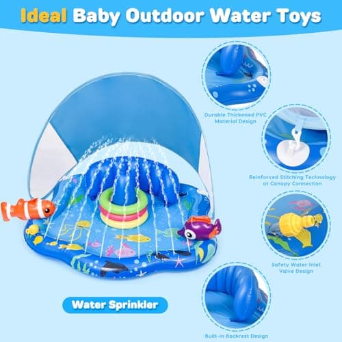 Baby Pool Float with Sprinkler, Inflatable Baby Splash Pad with Stackable Rings Game, Baby Splash Mat with Canopy & Backrest for Toddlers Garden, Beach, Backyard and Bathroom (Blue) — view 4