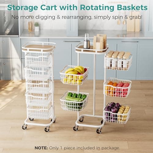 Ocyfym 5 Tier Kitchen Fruit Vegetable Storage Cart with Rotating Basket, Rolling Rack Shelf Organizer Floor Stand on Wheel for Snack Spice Produce Veggie Onion Potato Bin, Vianderos Para Cocina, White