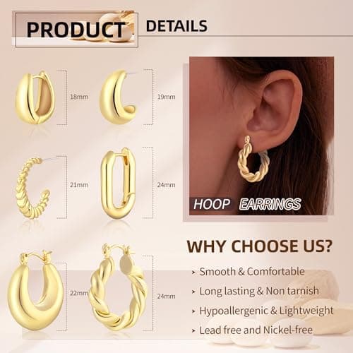 6 Pairs 14K Gold Plated Hoop Earrings for Women Lightweight Chunky Hoop Earrings Multipack Hypoallergenic, Thick Open Twisted Huggie Hoops Earring Set Jewelry for Gifts. (Gold) — view 4