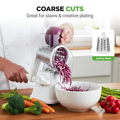 Nutrichef 3 in 1 Cheese Grater & Shredder | Strong Suction Base, Rotary Handle with Safety Lock | Includes Hand Crank & 3 Drum Blades for 3 Textures, Fine, Medium & Strips | White — view 4