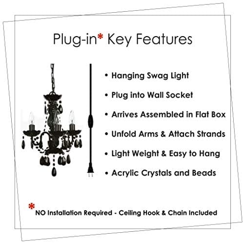The Original Gypsy Color 3 Light Mini Plug-in Black Chandelier for H17" W12", Black Metal Frame with Black Acrylic Crystals — view 2