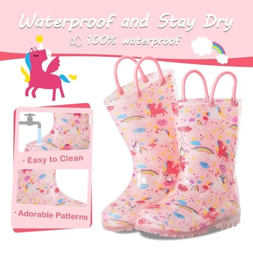 Toddler Rain Boots Kids Light Up Rain Boots for Girls Unicorn Waterproof Glitter Rainboot with Easy Pull On Handles, Little Kid Size 13 — view 3