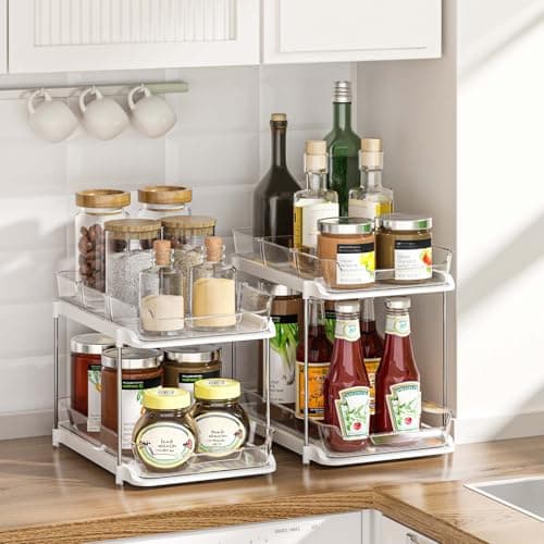 Delamu 2-Tier Multi-Purpose Bathroom Under Sink Organizers and Storage, Stackable Kitchen Pantry Organization, Pull Out Medicine Cabinet Organizer with Movable Dividers, White, 2 Pack — view 6