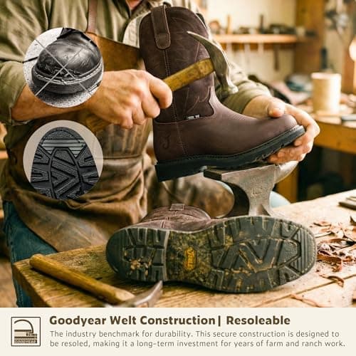 J‘s.o.l.e Men's Steel Toe Cowboy Work Boots Round Toe Pull-On Leather Safety Shoes Oil Slip Resistant Heavy Duty Brown US 12 — view 5