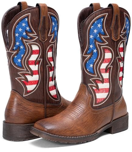Jousen Cowboy Boots for Men Western Boot Side Zipper American Flag Retro Square Toe Mid-Calf Mens Boots(AMY8428 brown 09.5) — view 7