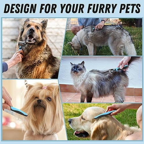 Docrok Pet Grooming Combo - Blue Deshedding Brush with Metal Comb for Detangling and Dematting Long, Matted Fur on Cats and Dogs — view 6