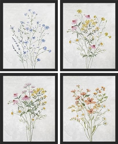 SIGNWIN Framed Colorful Wildflower Still Life Wall Art, Set of 4 Floral Botanical Print Wall Decor Prints, Nature Wilderness Wall Décor for Living Room, Bedroom - 11"x14" Black