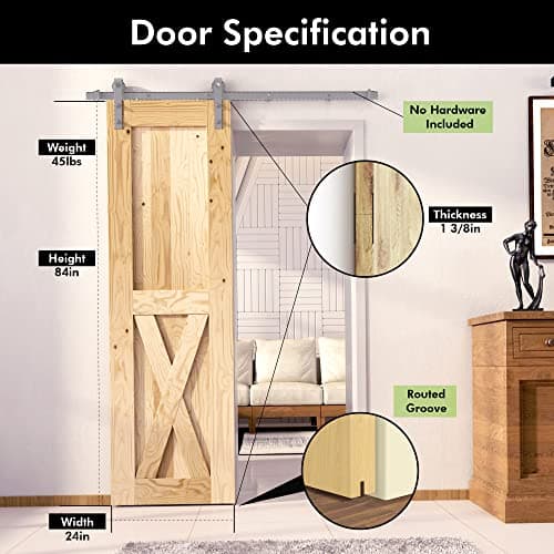 Homacer 5-in-1 Design Solid Natural Pine Wood Barn Door, 24in Wide 84in High, Unfinished and Unassembled, with Pre-drilled Holes for Easy Assemble and Pre-routed Floor Guide Groove, Interior Only — view 3