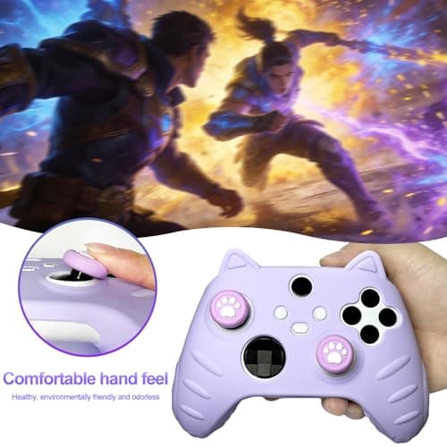 HLRAO Purple Cat Ear Xbox Series Controller Cover - Cute Silicone Skin with Cat & Paw Prints + 2 Matching Cat Paw Thumbstick Caps | Kawaii Cute Stickers Non-Slip Grip for Xbox Series X/S Controller — view 5