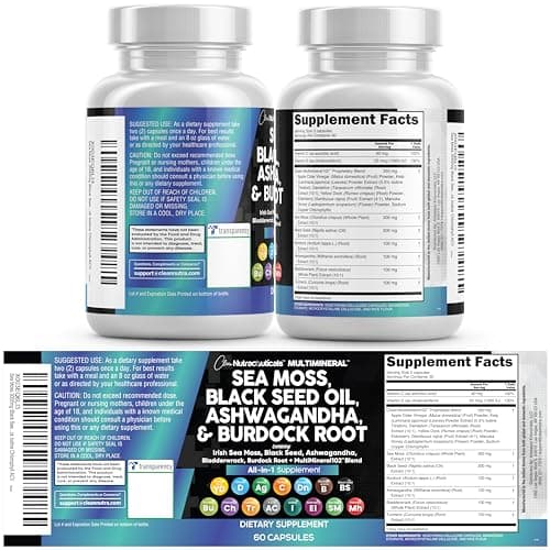 Clean Nutraceuticals Sea Moss Black Seed Oil Ashwagandha Turmeric Bladderwrack Burdock & Vitamin C Vitamin D3 with Elderberry Manuka Dandelion Yellow Dock Iodine Chlorophyll ACV — view 8