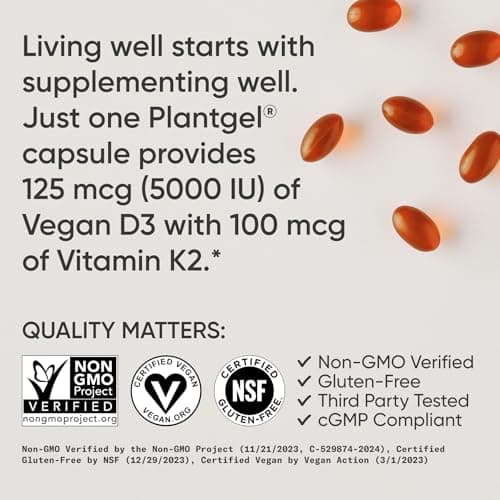 Sports Research® Vitamin D3 + K2 w/Coconut Oil - Vegan Vitamin D 5000iu (125mcg) & Mk7 Vitamin K 100mcg for Bone & Immune Support - Vegan Certified · Non-GMO · Soy Free - 30 Softgels — view 3
