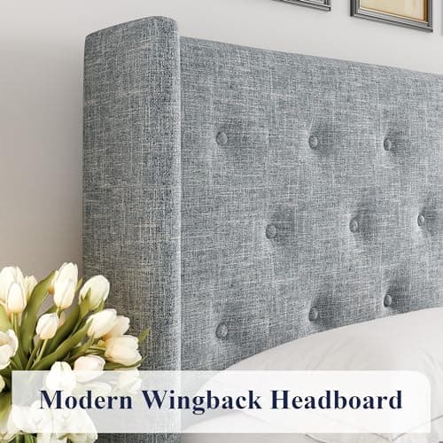 Allewie King Size Lift Up Storage Bed, Button Tufted Headboard with Wingback, Hydraulic Support, No Box Spring Needed, Grey Blue — view 3