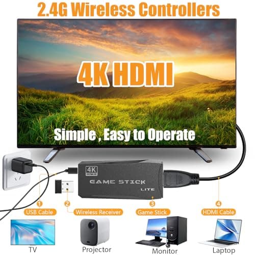 Retro Gaming Console, Game Stick with 20000+ Games - 64GB Plug & Play Video Games Console for TV 4K HDMI Output, Retro Game Console with 2.4Ghz Games Controllers for Family — view 3