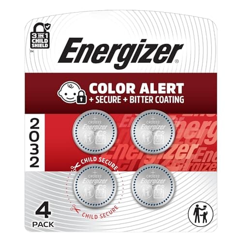 Energizer 2032 Batteries (4 Pack), 3V Lithium Coin Batteries with 3-in-1 Child Shield