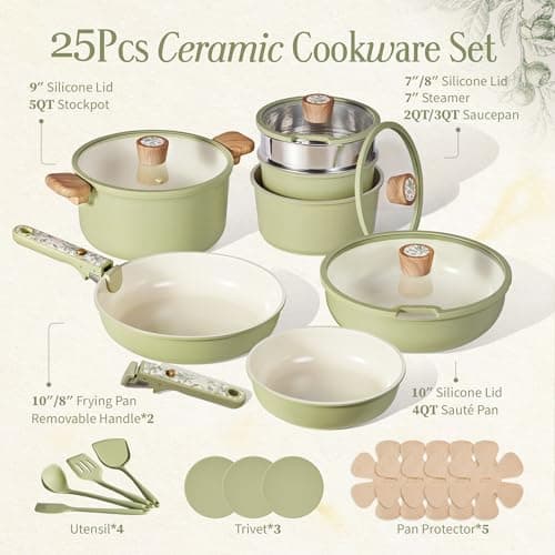 CAROTE 25-Piece Ceramic Cookware Set, Nonstick Pots and Pans Set with Detachable Handle, Non-Toxic Kitchen Cooking Set, Dishwasher & Oven Safe, Induction Compatible, PFAS Free