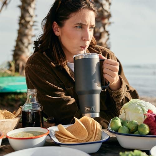 YETI Rambler 42 oz Tumbler with Handle and Straw Lid, Travel Mug Water Tumbler, Vacuum Insulated Cup with Handle, Stainless Steel, Tropical Pink — view 5