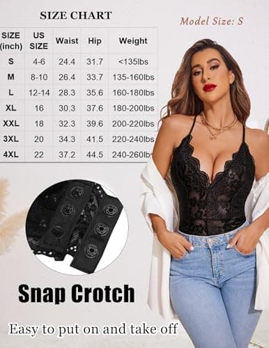 Avidlove Women One Piece Lingerie Deep V Teddy Sexy Lace Bodysuit Snap Crotch Babydoll(Double Layers - Black,XXL) — view 4