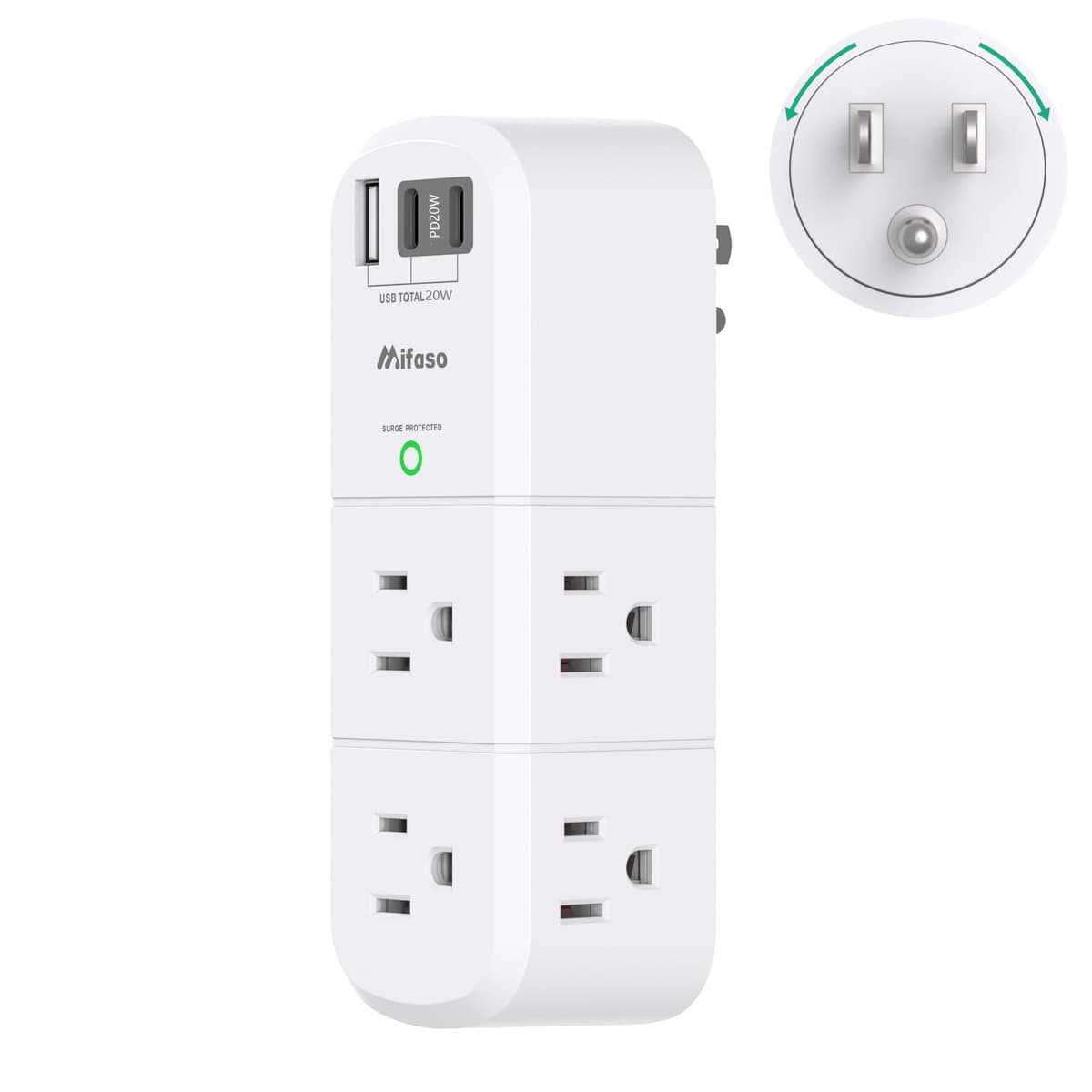 PD20W USB Outlet Extender Surge Protector - with Rotating Plug, 6 AC Multi Plug and 3 USB Ports (2 C), 3-Sided Swivel Power Strip Spaced Splitter for Home, Office, Travel