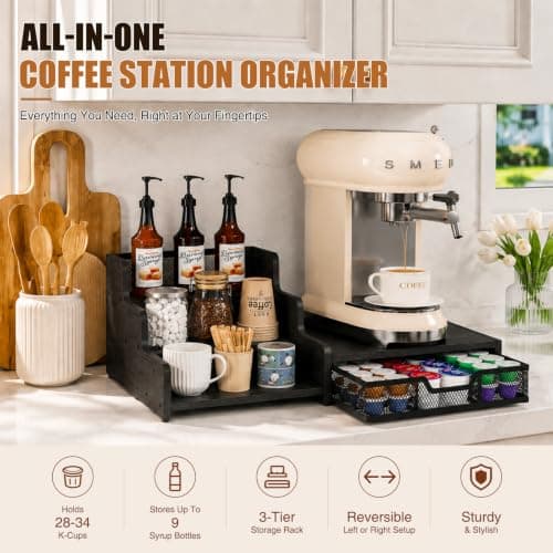 Coffee Station Organizer with K Cup Holder, 28 Pod Capacity,3-Tier Syrup Rack with Coffee Pod Holder Drawer, Coffee Bar organizer Countertop for Accessories,Black — view 2
