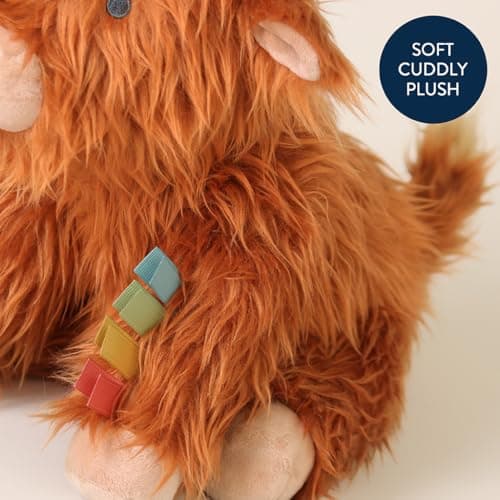 Itzy Ritzy Snuggles Plush Toy – Soft Stuffed Animal for Babies, Kids & Adults – Sensory Ribbons & Textured Fabrics for Tactile Play – Cozy & Cuddly Companion for Newborns & Up (Highland Cow) — view 4
