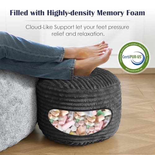 Round Ottoman,Corduroy Pouf Ottoman Foot Rest,Dark Grey,18x14 IN — view 4