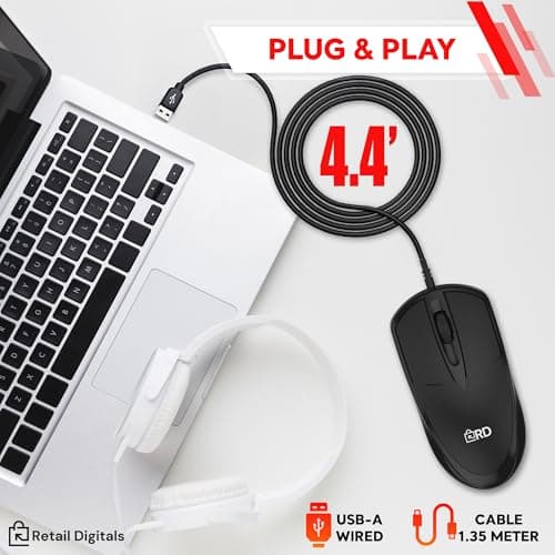 Retail Digitals 3-Button USB Wired Mouse | High-Precision Optical Tracking | Durable for Desktop & Laptop | Black — view 3