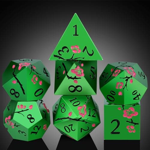 Matt Green Metal Dice Set, DNDND 7 PCS Heavy Metallic D&D Dice Set with Gorgeous Gift Case for Dungeons and Dragon Tabletop Game (Matte Green with Pink Flower) — view 5