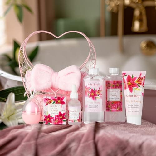 Spa Basket Gift for Women, Lily & Peony Home Shower Bath Kit, Personal Care Gift Set, Coconut & Honey Almond Beauty, Home Bath Pampering Luxury Bath and Body Home Spa Kit, Mother's Day Gifts for Mom — view 2