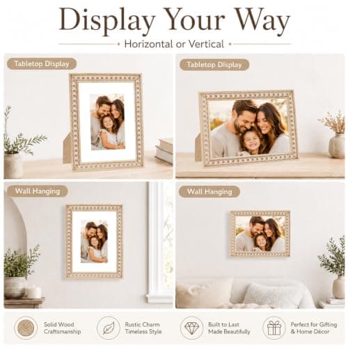 QOTIB Solid Wood 8.5x11 Picture Frame Beaded Frame with 6x8 Mat, Rustic Vintage 8.5 by 11 Photo Frame Matted with Plexiglass for Tabletop or Wall Display, Rustic White — view 5