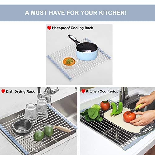 MECHEER Over The Sink Dish Drying Rack, Roll Up Dish Drying Rack Kitchen Dish Rack Stainless Steel Sink Drying Rack, Foldable Dish Drainer, 17.5''x11.8'' — view 3