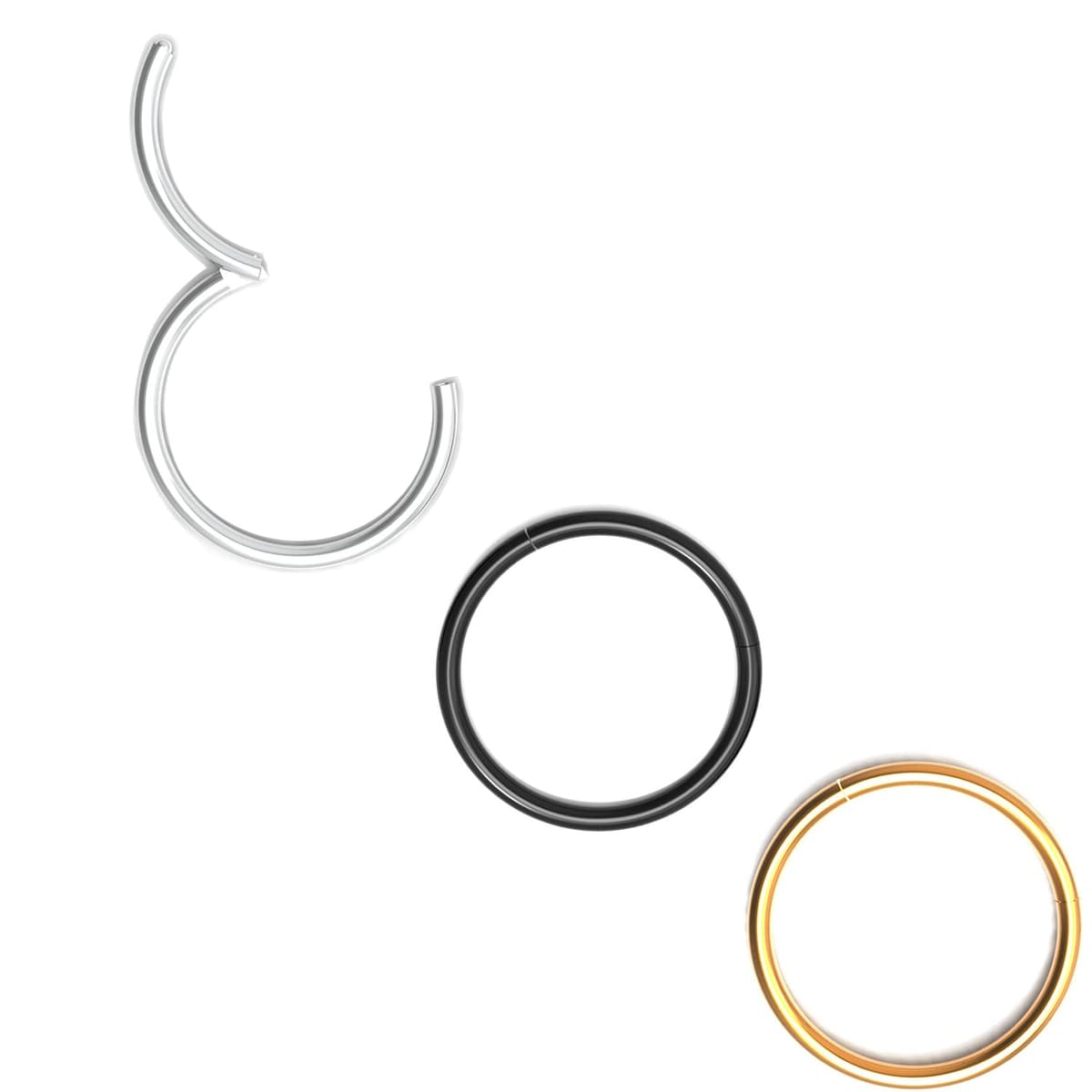 Body CAC 0.8mm/1.0mm/1.2mm/1.6mm/2.0mm/3.0mm/4.0mm/5.0mm/6.0mm Steel Hypoallergenic Clicker Hinged Nose Septum Ring Hoop with Colour Gold-Silver tone-Black-Rose gold — view 27