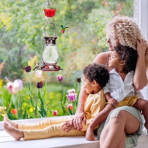 Kingsyard Glass Hummingbird Feeder for Outdoors Hanging - Vintage Lantern Style Leak-Proof Humming Bird Nectar Feeder with 6 Feeding Ports & Ant Moat for Outdoor Garden Decor, 24 Ounce, Blue — view 3