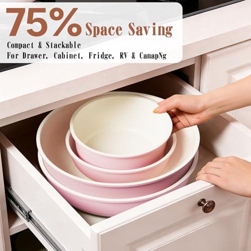 Umite Chef Pots and Pans Set Non Stick, 21 pcs Nonstick Ceramic Cookware Set, RV Kitchen Cooking Set with Detachable Handles, Oven Safe, Induction Cookware, Stackable, Pink, PFAS PFOA & PTFE Free — view 4