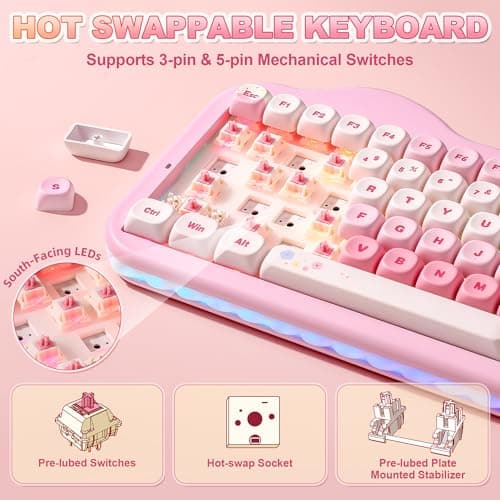 YUNZII C75 Wireless Mechanical Keyboard, 75% Layout Hot Swap Creamy Keyboard NKRO, Cute Keycaps RGB Backlit Gasket Mount, Cute Cake Design BT5.0/2.4G/USB-C for Win/Mac (Pink, Candy Linear Switch) — view 4