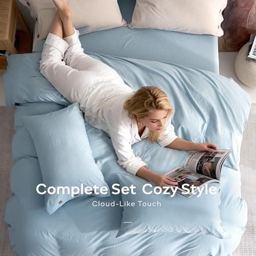 JELLYMONI 100% Washed Cotton Duvet Cover Queen – Soft, Breathable Linen-Look Bedding with Natural Wrinkle Texture, Button Closure, 3-Piece Set (Mist Blue, 90"x90") — view 7