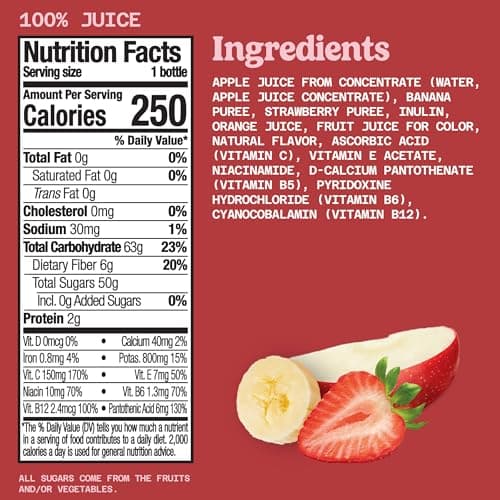 Naked Boosted Smoothie Strawberry Banana Machine, 15.2 fl oz Bottle - Real Fruit Juice Smoothie with Fiber, Excellent Source of Vitamin C and Vitamin E for Immune Support