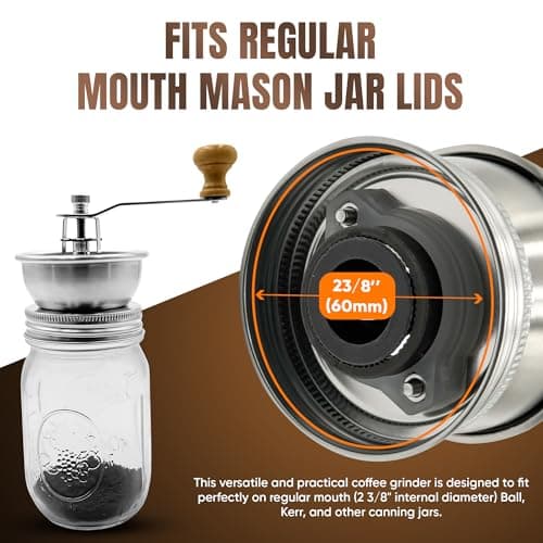 Stainless Steel Coffee Grinder Lid Attachment for Regular Mouth Mason Jars - Manual Crank Burr Grinder for Fresh Coffee, Ideal for Camping, Home Barista, Rust Proof Ceramic Mechanism — view 2