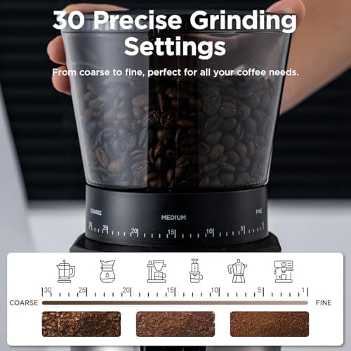Ollygrin Burr Coffee Grinder, Electric Conical Coffee Bean Grinder With 30 Adjustable Grind Settings For 2-12 Cups, Sliver & Black — view 4