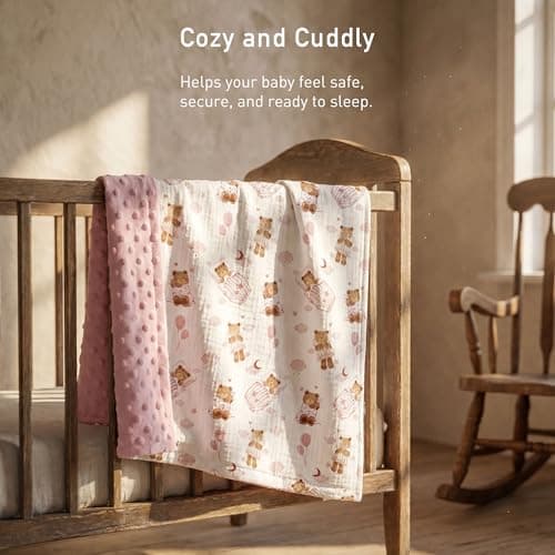 GLLQUEN BABY Blankets for Girls, Soft Muslin Cotton Front Dotted Fleece Backing, Nursery Minky Crib Blanket for Infant Toddler, 30 x 40 inches Throw Blanket, Pink Bear — view 5