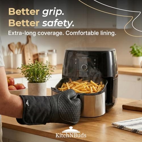 Kitch N Buds Oven Mitts, Extra-Long 15 in (38 cm), Black, Non-Slip Silicone Grip, Heat Resistant up to 500°F, Soft Cotton Lining — view 2