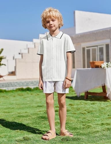 Arshiner Boys Button Down Shirt Short Sleeve Knit Shirt Summer Vintage Fashion Casual Beach Shirts for Kids 3-14 Years White — view 5