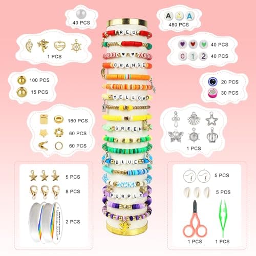 Redtwo 23000Pcs Clay Beads Friendship Bracelet Making Kit, 7 Boxes 144 Colors Flat Polymer Heishi Beads Set for Friendship Jewelry Making Kit with Pendant Charms, Crafts Gifts for Girls Ages 6-12 Kids — view 2