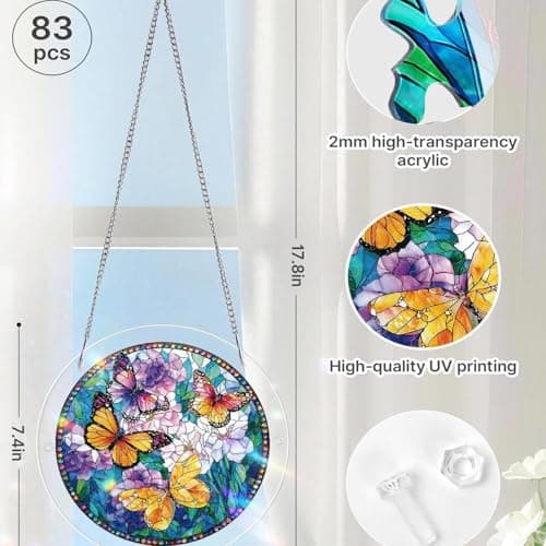 Acrylic Puzzles Suncatcher Window Hanging, 83 Pieces Stained Glass Sun Catcher Puzzle Decoration for Home Garden, Birthday Gifts for Mom Women Adults (Butterfly) — view 2