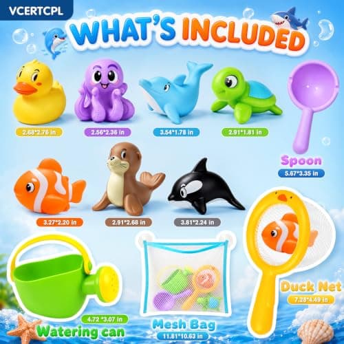 Vcertcpl Bath Toys for Kids Toddler Bathtub Toys, No Hole Baby Bath Toys with Floating Rubber Animals, Watering Can, Duck Net and Spoon, 11 Pack Bathtub Sand Beach Pool Toys Water Toys for Kids — view 5